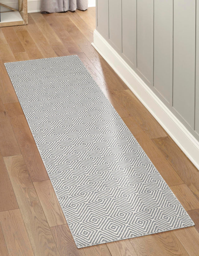 Gray 2' 7 x 14' 1 Geo Trellis Flatweave Runner Area Rug 80% Wool & 20% Cotton Natural Geometric Carpet for Living, Office, Dining, Dorms for Sale at Rug Engine