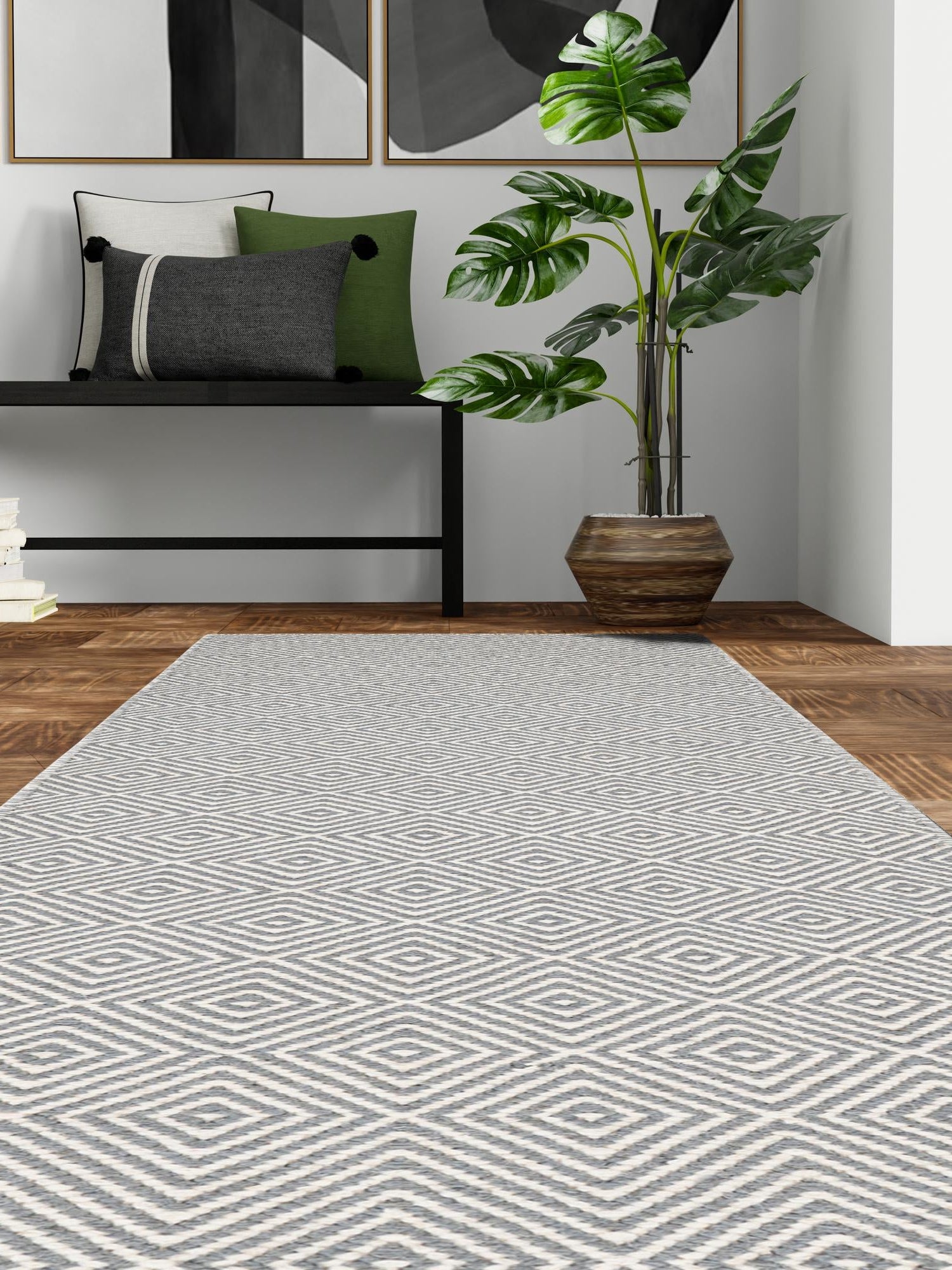 Gray 2' x 6' 1 Geo Trellis Flatweave Runner Area Rug 80% Wool & 20% Cotton Natural Geometric Carpet for Living, Office, Dining, Dorms for Sale at Rug Engine