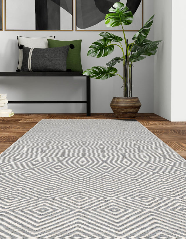 Gray 2' 7 x 14' 1 Geo Trellis Flatweave Runner Area Rug 80% Wool & 20% Cotton Natural Geometric Carpet for Living, Office, Dining, Dorms for Sale at Rug Engine