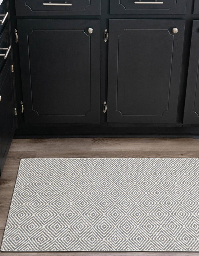 Gray 2' 7 x 14' 1 Geo Trellis Flatweave Runner Area Rug 80% Wool & 20% Cotton Natural Geometric Carpet for Living, Office, Dining, Dorms for Sale at Rug Engine