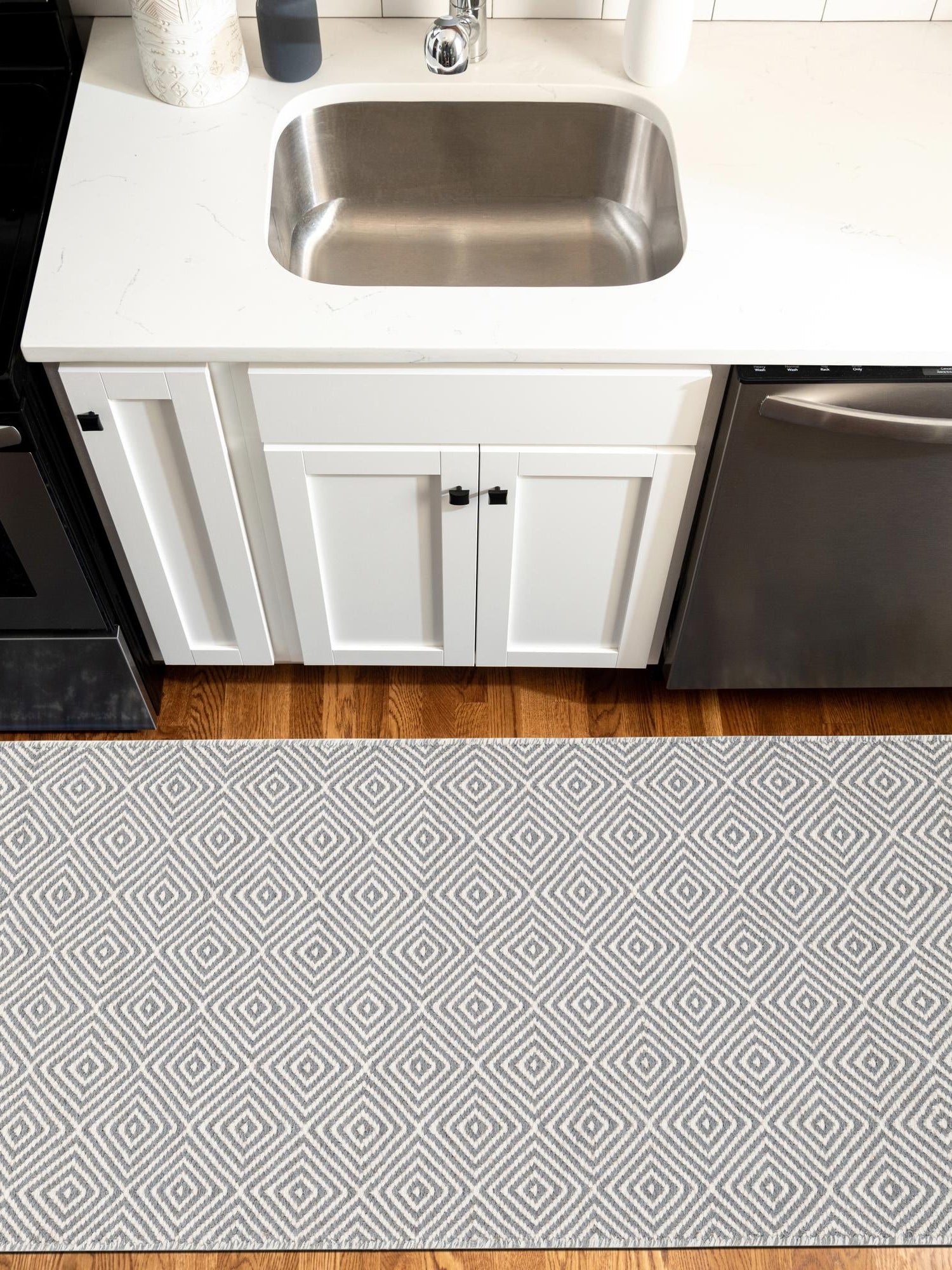 Gray 2' 7 x 14' 1 Geo Trellis Flatweave Runner Area Rug 80% Wool & 20% Cotton Natural Geometric Carpet for Living, Office, Dining, Dorms for Sale at Rug Engine