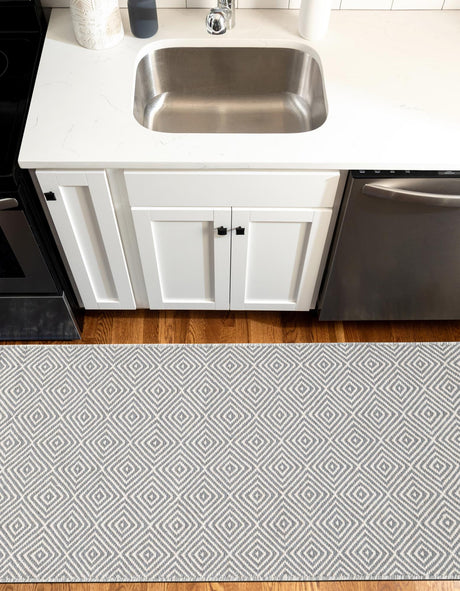 Gray 2' 7 x 14' 1 Geo Trellis Flatweave Runner Area Rug 80% Wool & 20% Cotton Natural Geometric Carpet for Living, Office, Dining, Dorms for Sale at Rug Engine