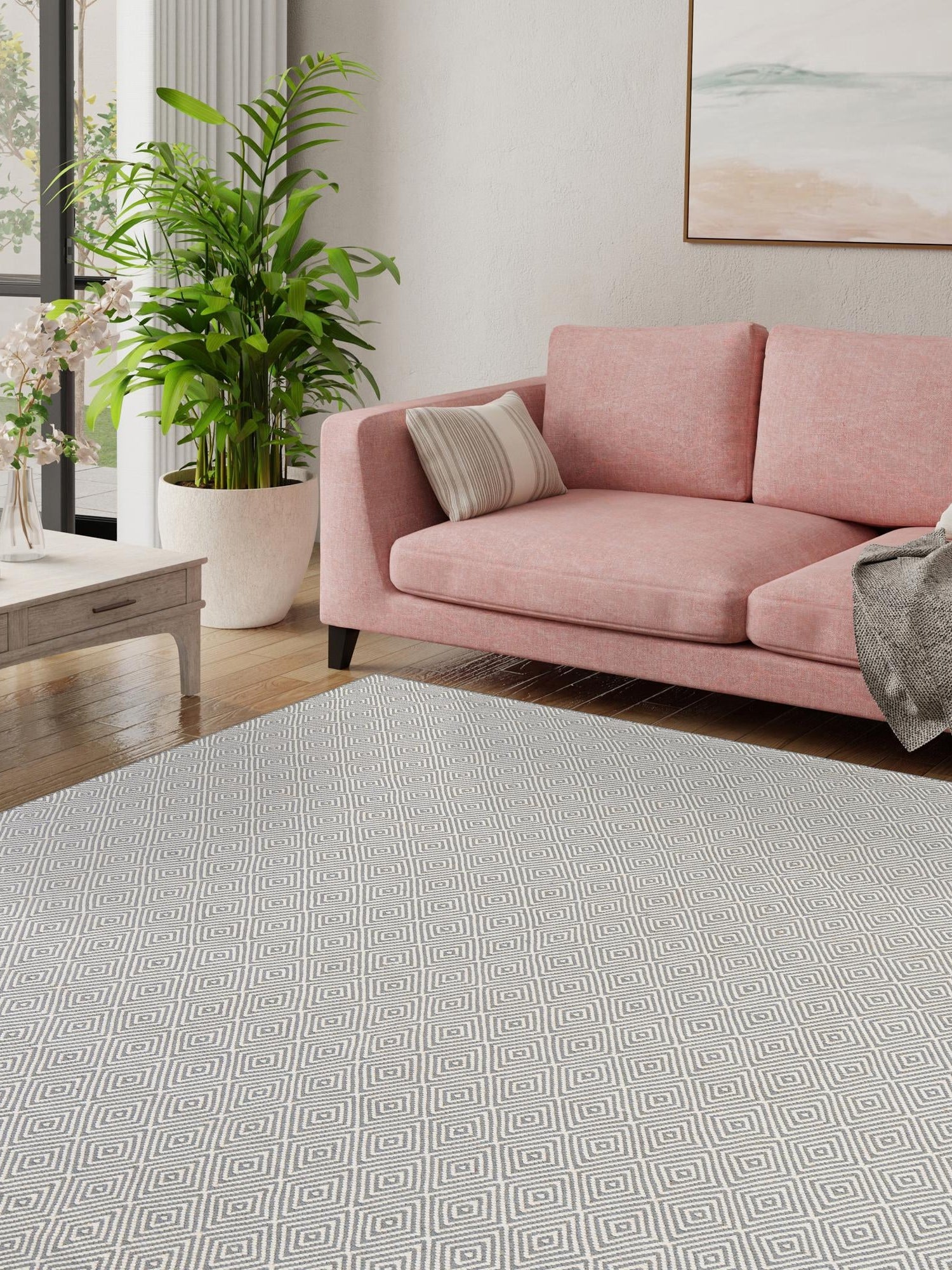 Gray 10' x 10' Geo Trellis Flatweave Square Area Rug 80% Wool & 20% Cotton Natural Geometric Carpet for Living, Office, Dining, Dorms for Sale at Rug Engine