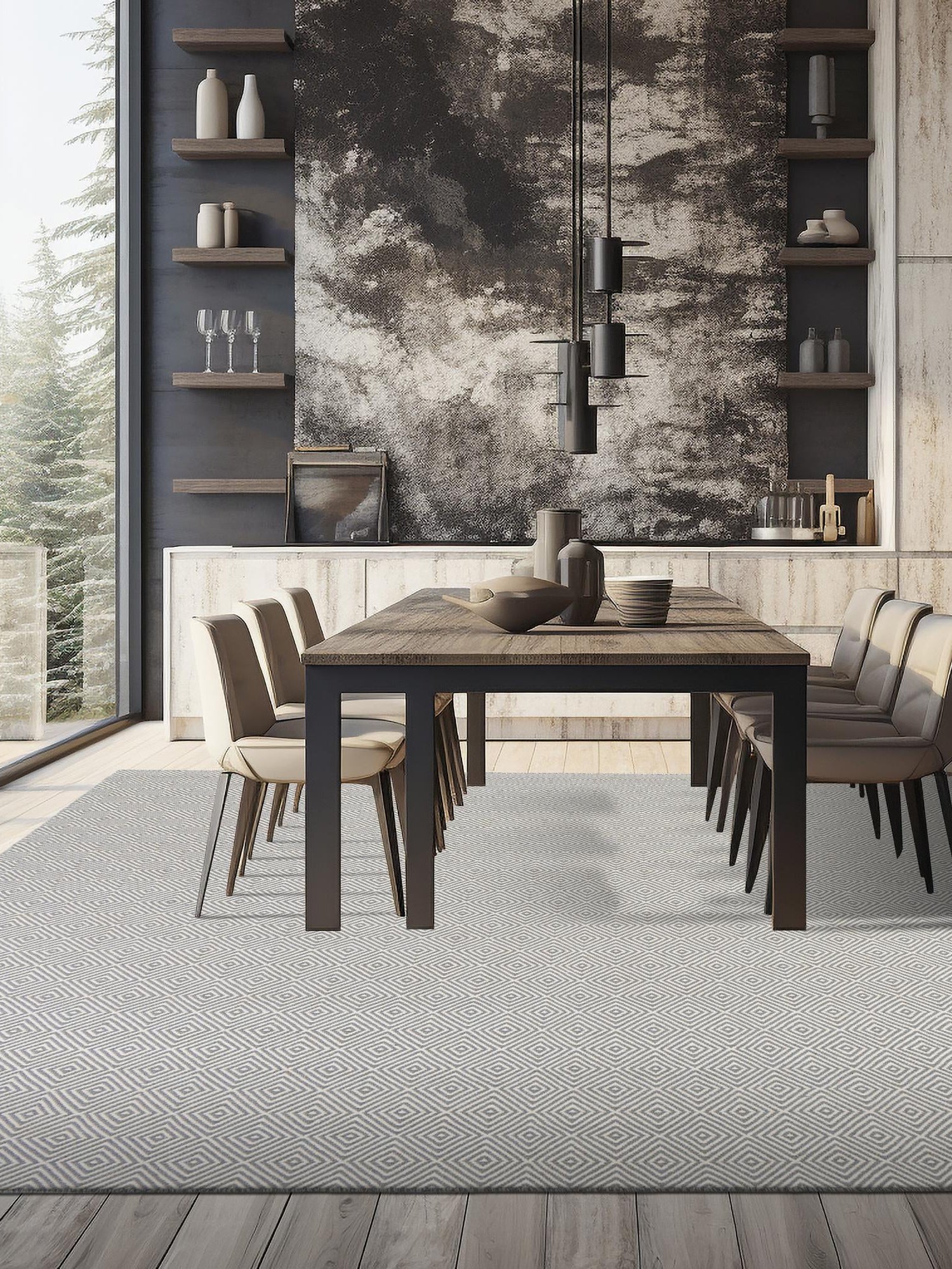 Gray 12' x 12' Geo Trellis Flatweave Square Area Rug 80% Wool & 20% Cotton Natural Geometric Carpet for Living, Office, Dining, Dorms for Sale at Rug Engine