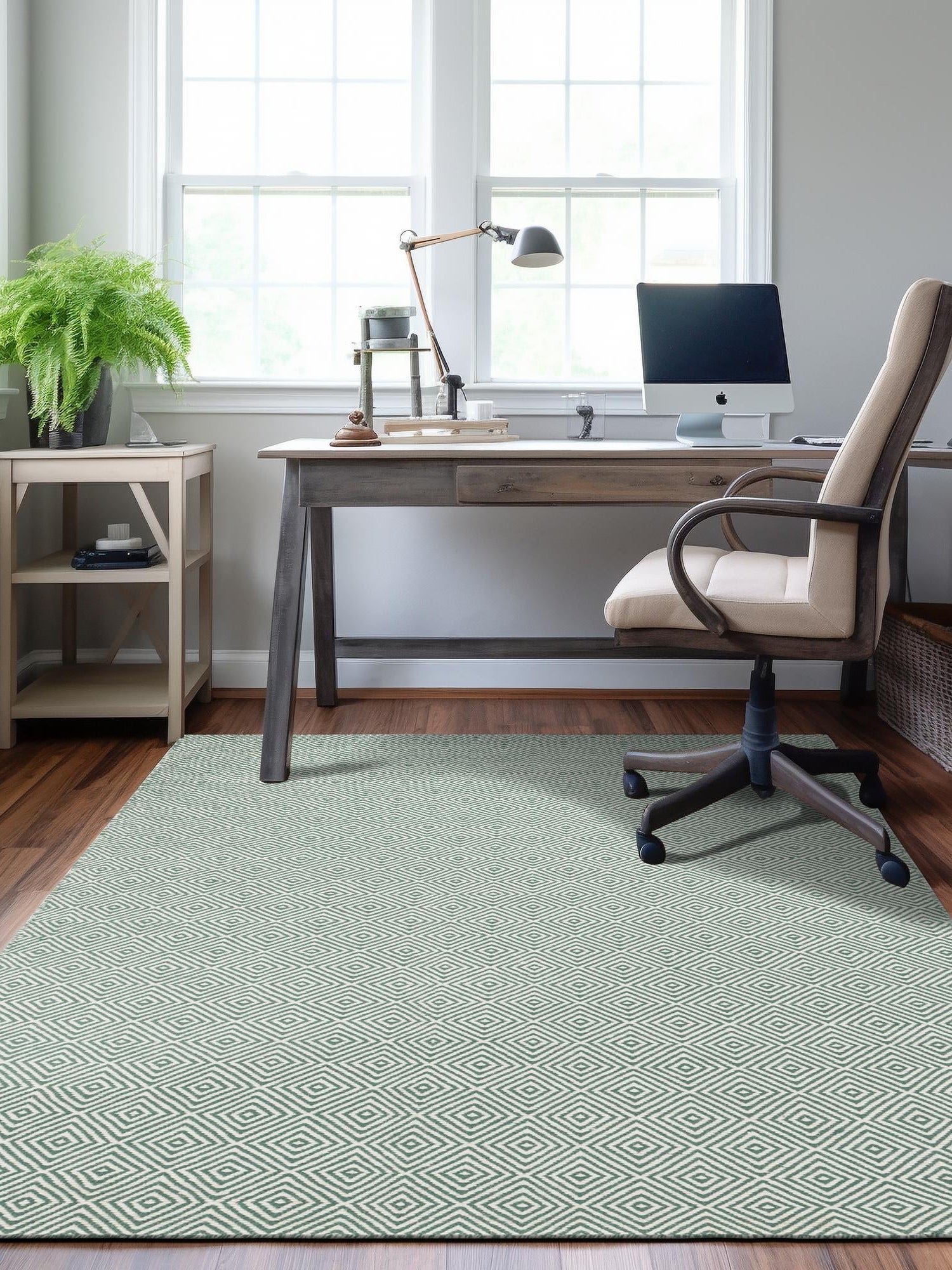 Green 4' 1 x 6' 1 Geo Trellis Flatweave Rectangle Area Rug 80% Wool & 20% Cotton Natural Geometric Carpet for Living, Office, Dining, Dorms for Sale at Rug Engine