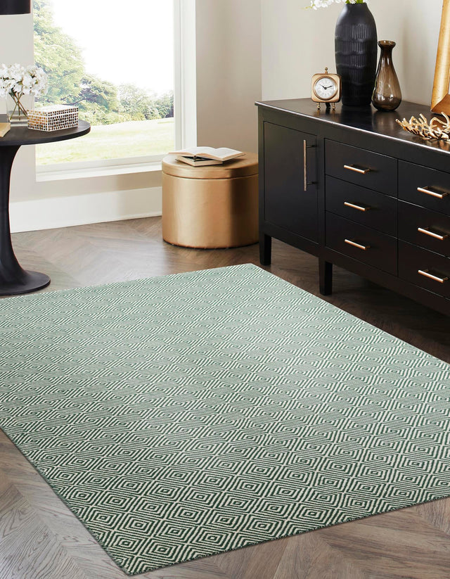 Green 7' 10 x 10' Geo Trellis Flatweave Rectangle Area Rug 80% Wool & 20% Cotton Natural Geometric Carpet for Living, Office, Dining, Dorms for Sale at Rug Engine
