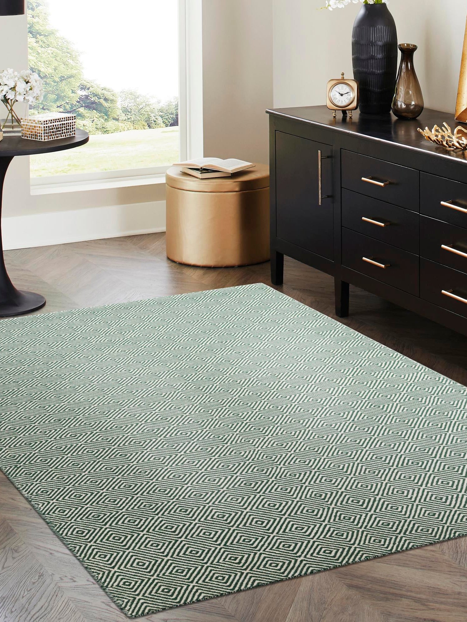 Green 6' 1 x 9' Geo Trellis Flatweave Rectangle Area Rug 80% Wool & 20% Cotton Natural Geometric Carpet for Living, Office, Dining, Dorms for Sale at Rug Engine