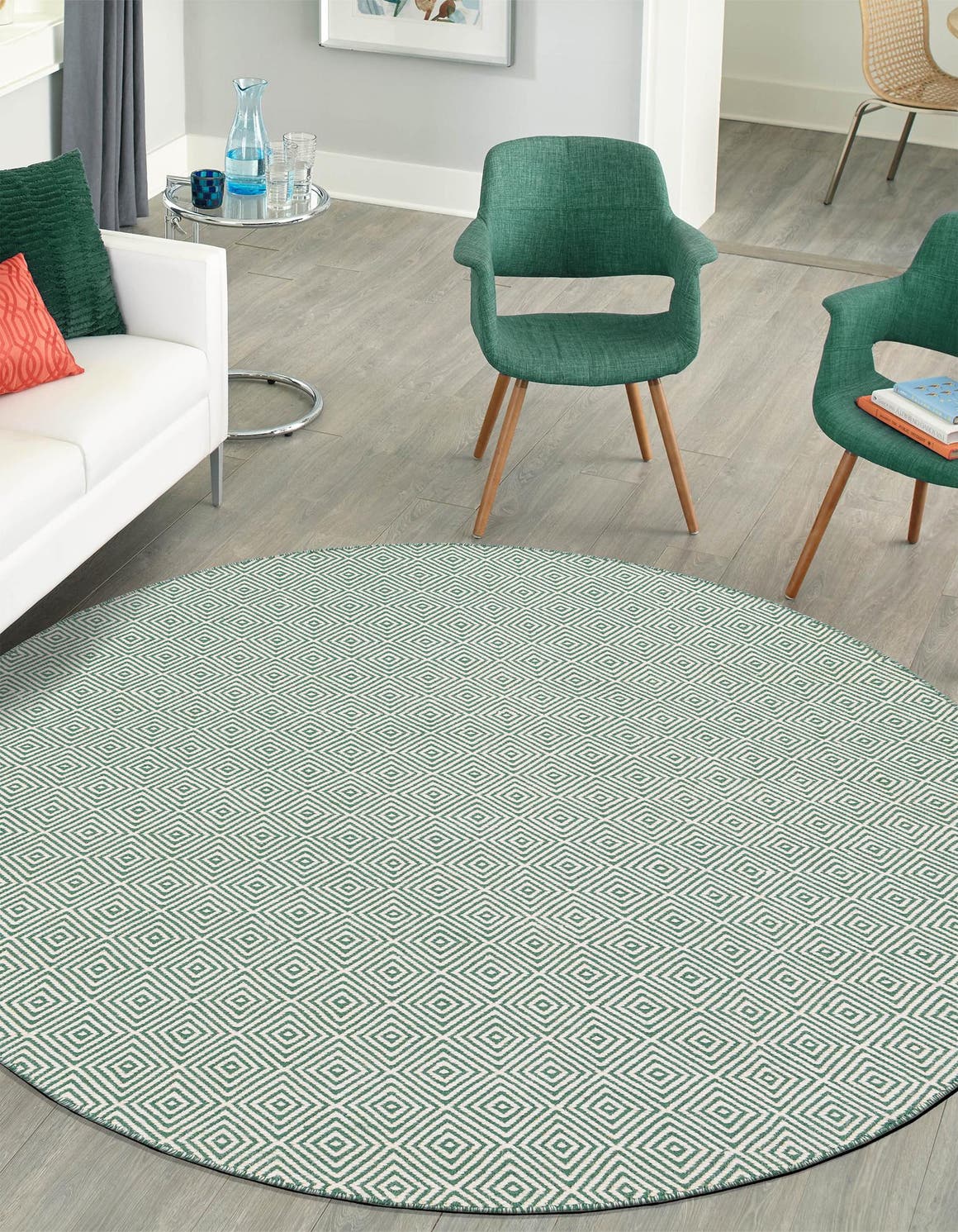Green 3' 1 x 3' 1 Geo Trellis Flatweave Round Area Rug 80% Wool & 20% Cotton Natural Geometric Carpet for Living, Office, Dining, Dorms for Sale at Rug Engine