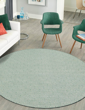 Green 12' x 12' Geo Trellis Flatweave Round Area Rug 80% Wool & 20% Cotton Natural Geometric Carpet for Living, Office, Dining, Dorms for Sale at Rug Engine