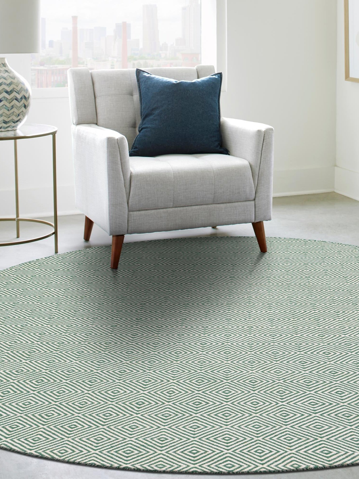 Green 12' x 12' Geo Trellis Flatweave Round Area Rug 80% Wool & 20% Cotton Natural Geometric Carpet for Living, Office, Dining, Dorms for Sale at Rug Engine