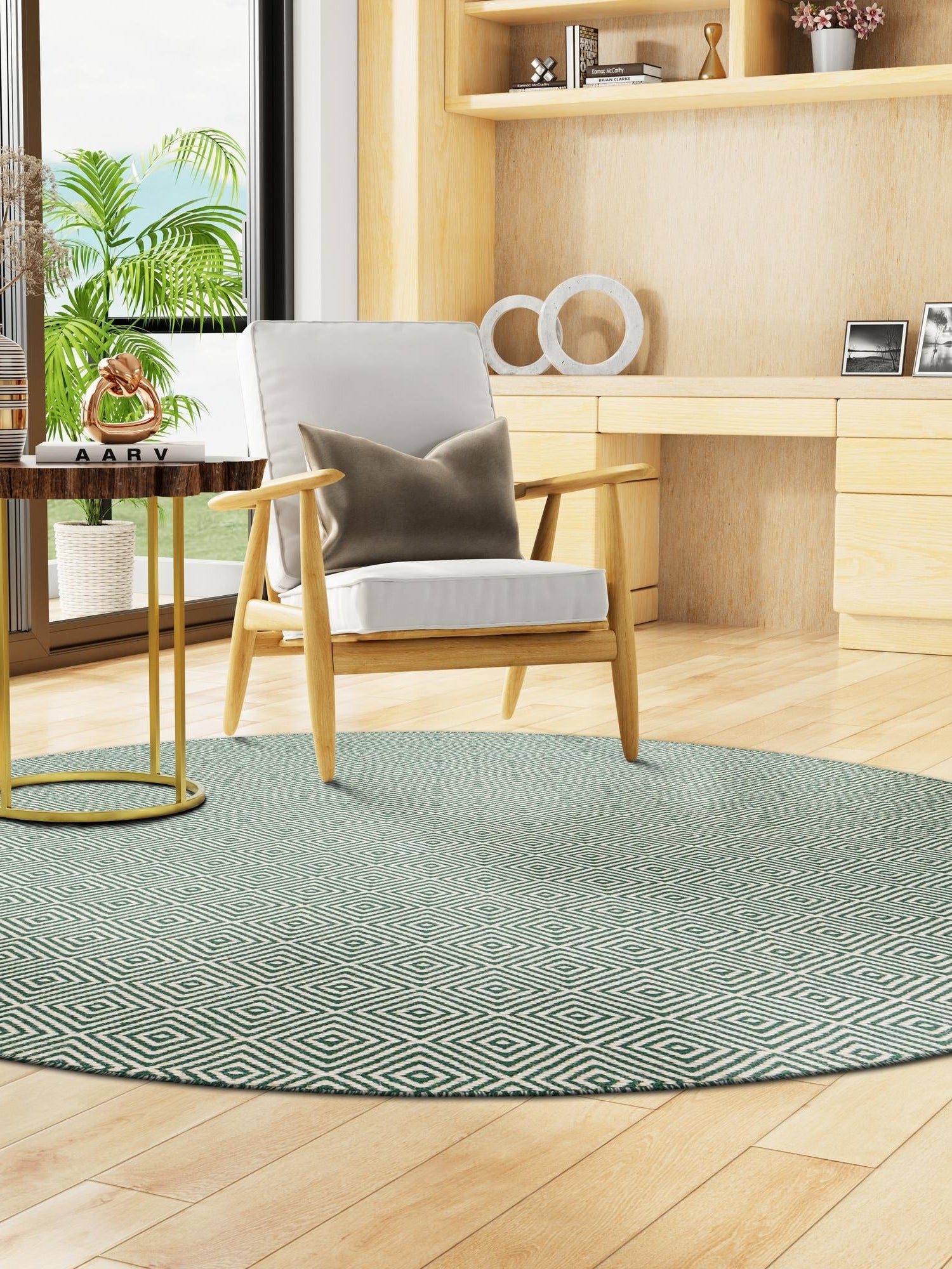 Green 7' 10 x 7' 10 Geo Trellis Flatweave Round Area Rug 80% Wool & 20% Cotton Natural Geometric Carpet for Living, Office, Dining, Dorms for Sale at Rug Engine