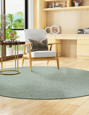 Green 7' 10 x 7' 10 Geo Trellis Flatweave Round Area Rug 80% Wool & 20% Cotton Natural Geometric Carpet for Living, Office, Dining, Dorms for Sale at Rug Engine