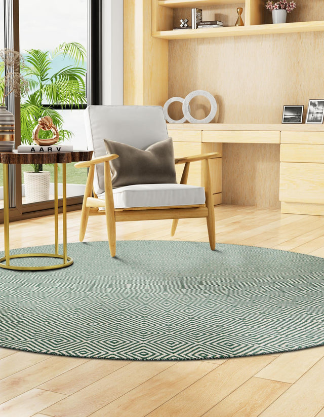 Green 7' 10 x 7' 10 Geo Trellis Flatweave Round Area Rug 80% Wool & 20% Cotton Natural Geometric Carpet for Living, Office, Dining, Dorms for Sale at Rug Engine