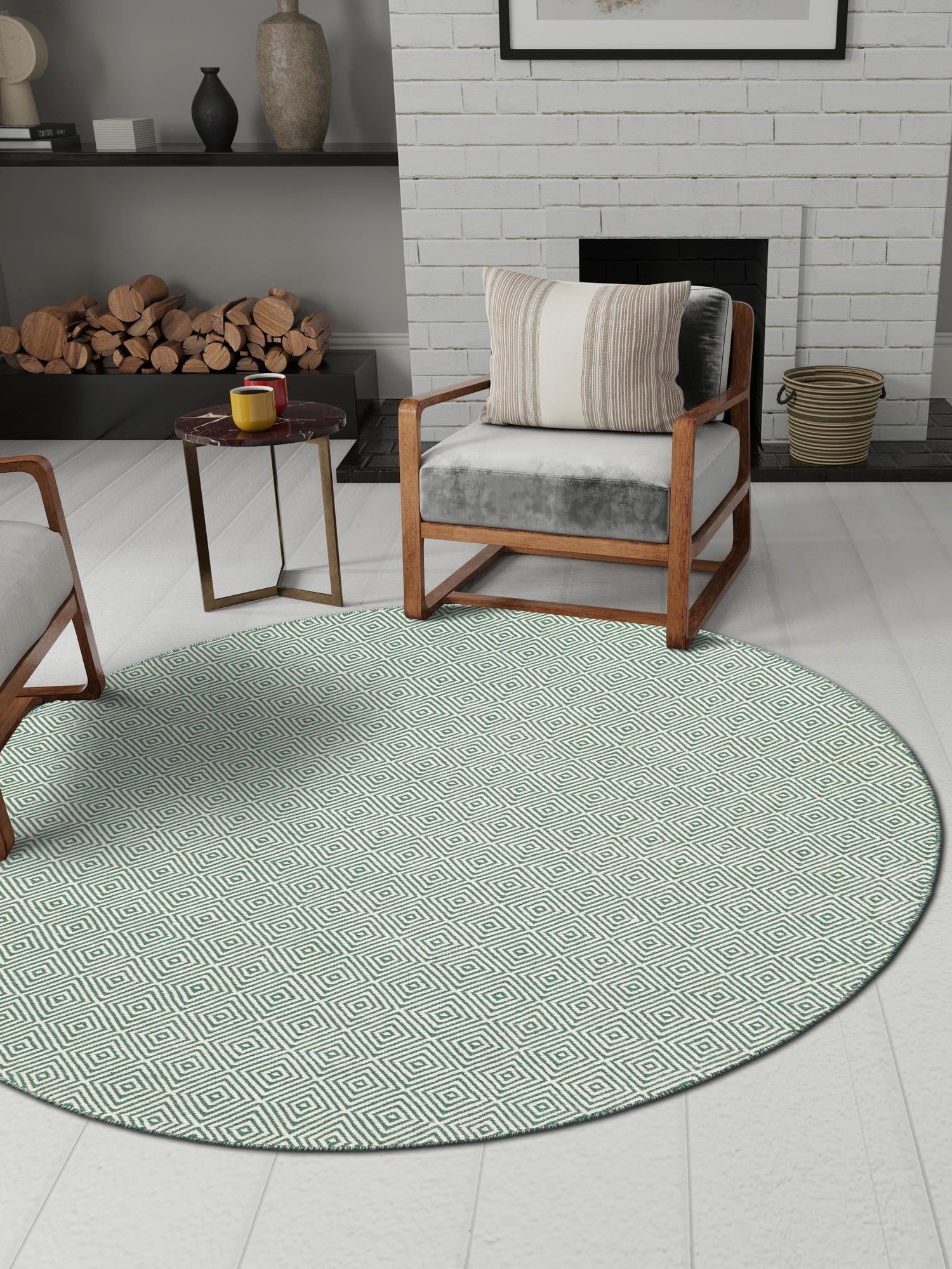 Green 12' x 12' Geo Trellis Flatweave Round Area Rug 80% Wool & 20% Cotton Natural Geometric Carpet for Living, Office, Dining, Dorms for Sale at Rug Engine