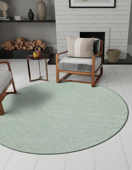 Green 7' 10 x 7' 10 Geo Trellis Flatweave Round Area Rug 80% Wool & 20% Cotton Natural Geometric Carpet for Living, Office, Dining, Dorms for Sale at Rug Engine