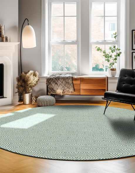 Green 12' x 12' Geo Trellis Flatweave Round Area Rug 80% Wool & 20% Cotton Natural Geometric Carpet for Living, Office, Dining, Dorms for Sale at Rug Engine