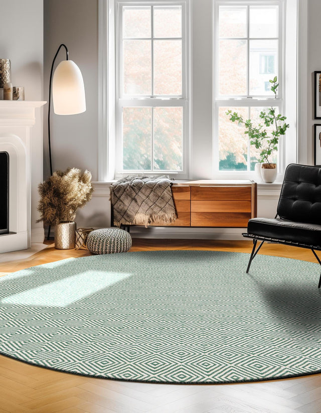 Green 12' x 12' Geo Trellis Flatweave Round Area Rug 80% Wool & 20% Cotton Natural Geometric Carpet for Living, Office, Dining, Dorms for Sale at Rug Engine