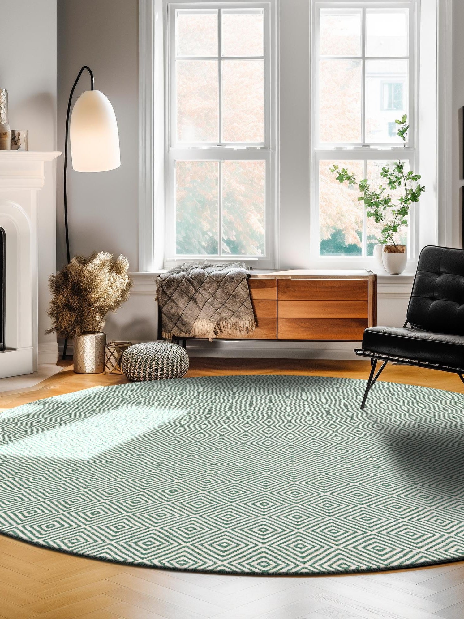 Green 6' 1 x 6' 1 Geo Trellis Flatweave Round Area Rug 80% Wool & 20% Cotton Natural Geometric Carpet for Living, Office, Dining, Dorms for Sale at Rug Engine