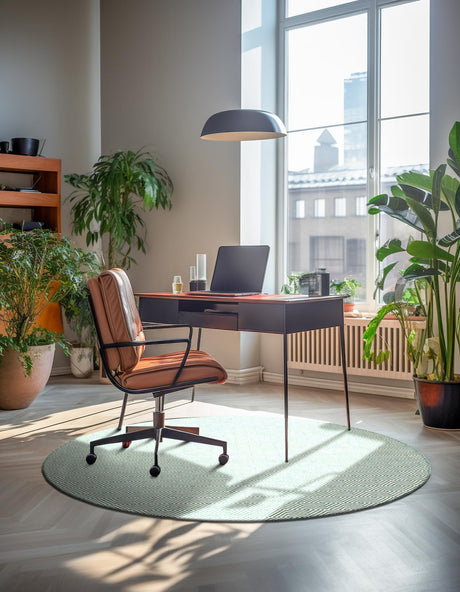 Green 7' 10 x 7' 10 Geo Trellis Flatweave Round Area Rug 80% Wool & 20% Cotton Natural Geometric Carpet for Living, Office, Dining, Dorms for Sale at Rug Engine