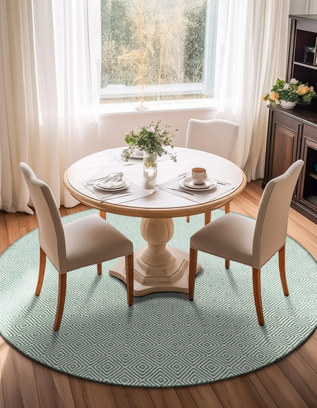 Green 12' x 12' Geo Trellis Flatweave Round Area Rug 80% Wool & 20% Cotton Natural Geometric Carpet for Living, Office, Dining, Dorms for Sale at Rug Engine