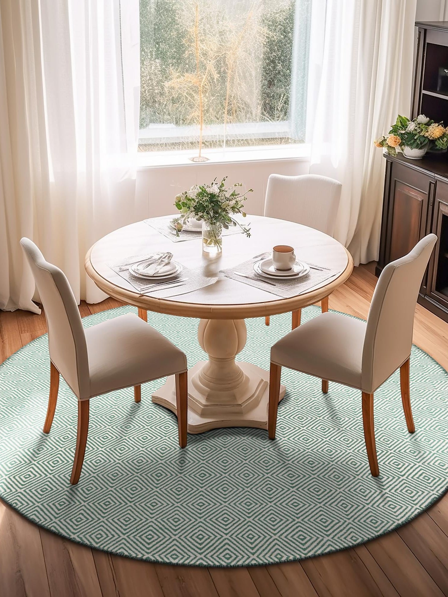 Green 4' 1 x 4' 1 Geo Trellis Flatweave Round Area Rug 80% Wool & 20% Cotton Natural Geometric Carpet for Living, Office, Dining, Dorms for Sale at Rug Engine