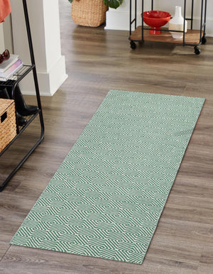 Green 2' 7 x 12' Geo Trellis Flatweave Runner Area Rug 80% Wool & 20% Cotton Natural Geometric Carpet for Living, Office, Dining, Dorms for Sale at Rug Engine