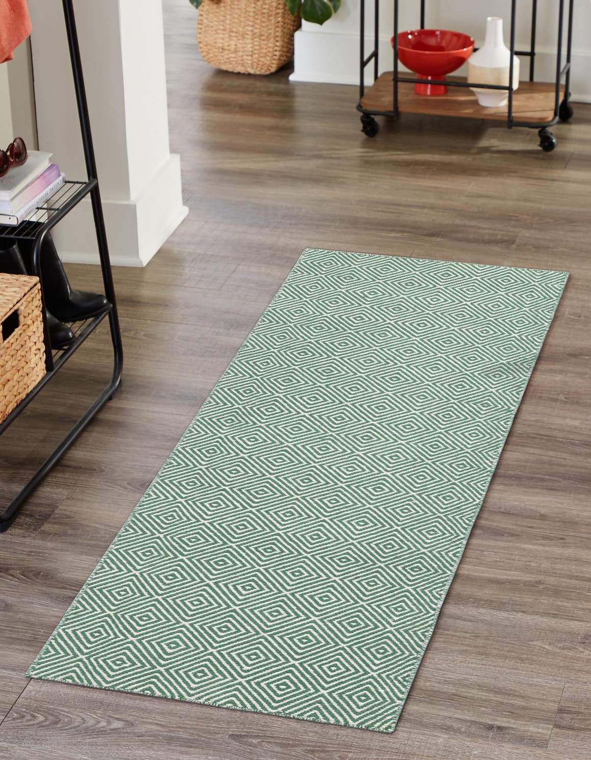 Green 2' x 8' Geo Trellis Flatweave Runner Area Rug 80% Wool & 20% Cotton Natural Geometric Carpet for Living, Office, Dining, Dorms for Sale at Rug Engine
