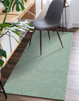 Green 2' x 8' Geo Trellis Flatweave Runner Area Rug 80% Wool & 20% Cotton Natural Geometric Carpet for Living, Office, Dining, Dorms for Sale at Rug Engine