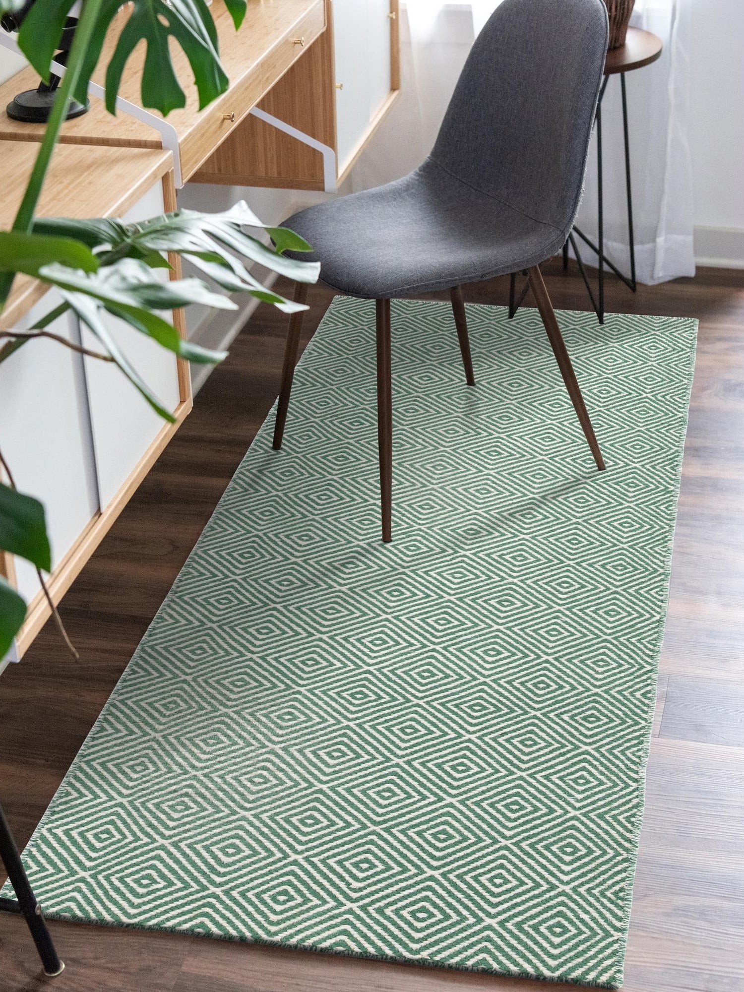 Green 2' 7 x 12' Geo Trellis Flatweave Runner Area Rug 80% Wool & 20% Cotton Natural Geometric Carpet for Living, Office, Dining, Dorms for Sale at Rug Engine