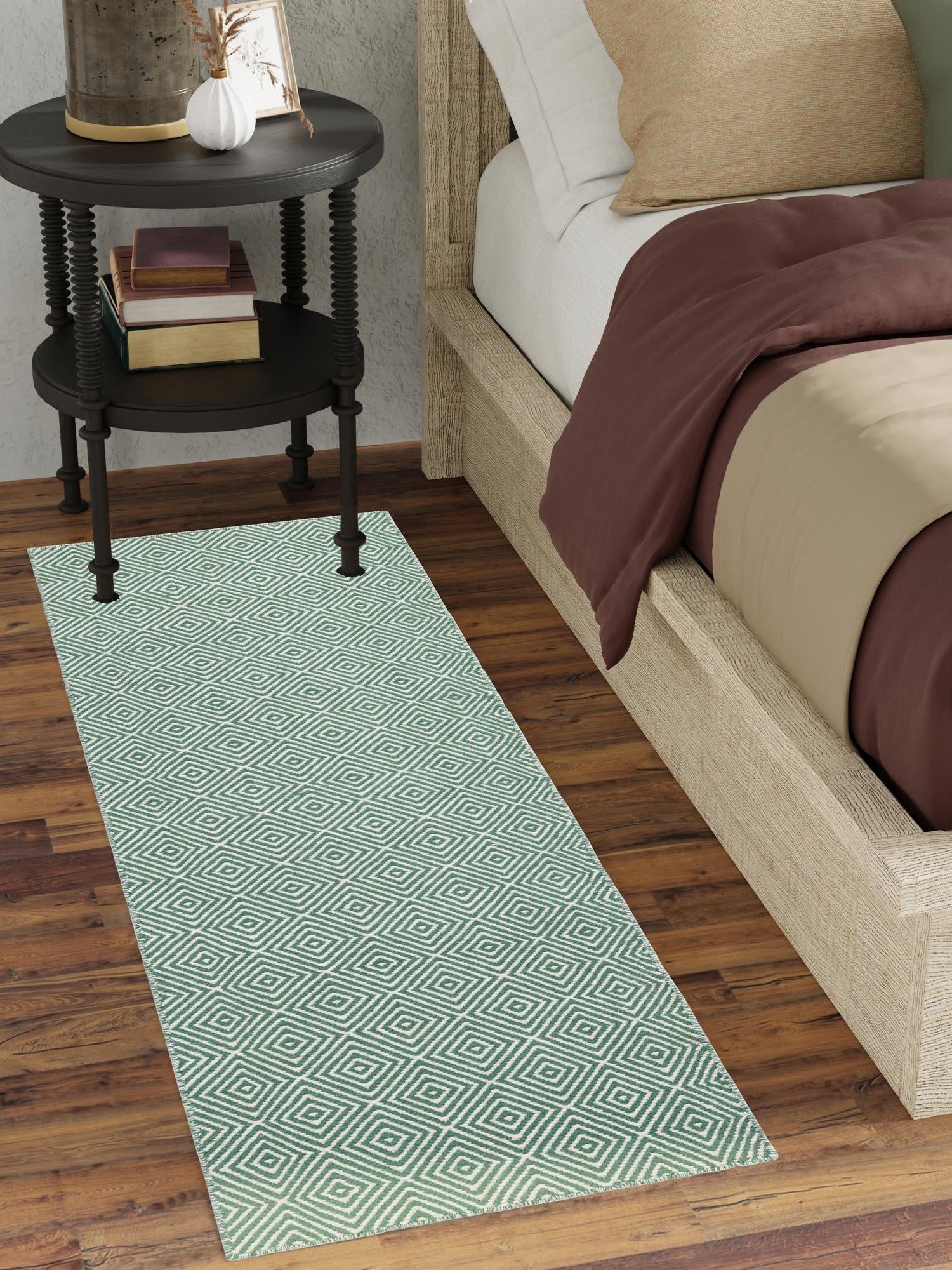 Green 2' x 6' 1 Geo Trellis Flatweave Runner Area Rug 80% Wool & 20% Cotton Natural Geometric Carpet for Living, Office, Dining, Dorms for Sale at Rug Engine