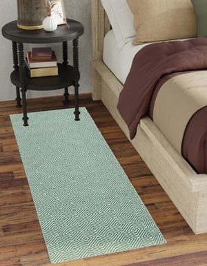 Green 2' 7 x 14' 1 Geo Trellis Flatweave Runner Area Rug 80% Wool & 20% Cotton Natural Geometric Carpet for Living, Office, Dining, Dorms for Sale at Rug Engine