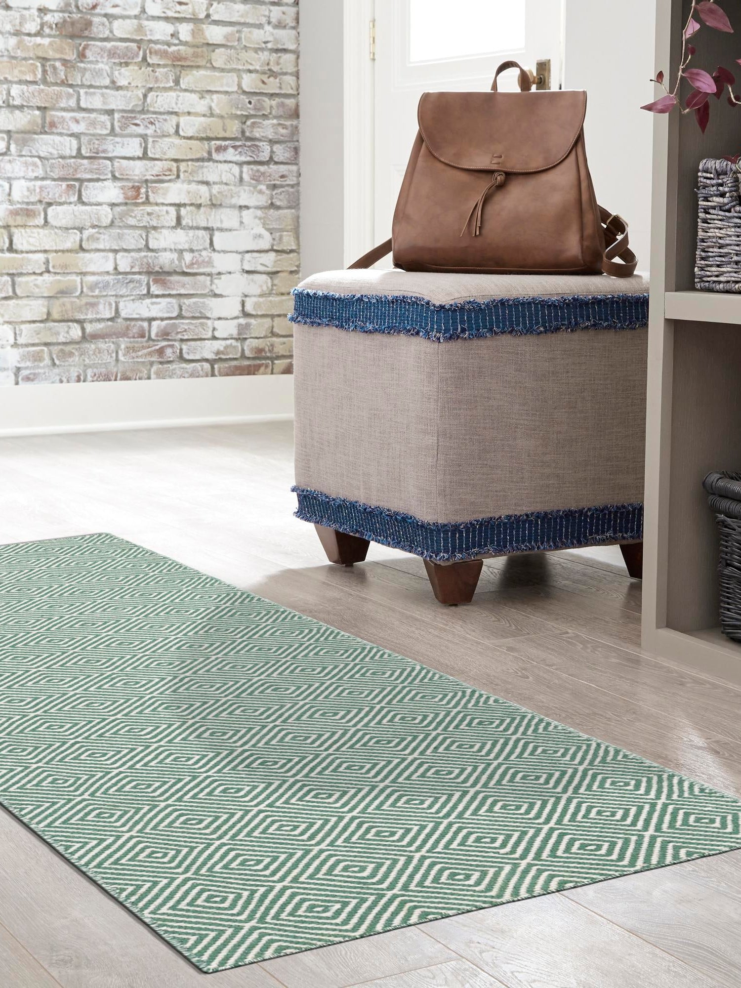 Green 2' x 6' 1 Geo Trellis Flatweave Runner Area Rug 80% Wool & 20% Cotton Natural Geometric Carpet for Living, Office, Dining, Dorms for Sale at Rug Engine