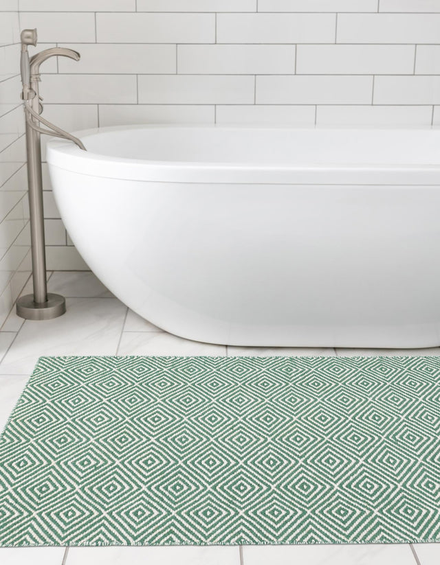 Green 2' x 8' Geo Trellis Flatweave Runner Area Rug 80% Wool & 20% Cotton Natural Geometric Carpet for Living, Office, Dining, Dorms for Sale at Rug Engine