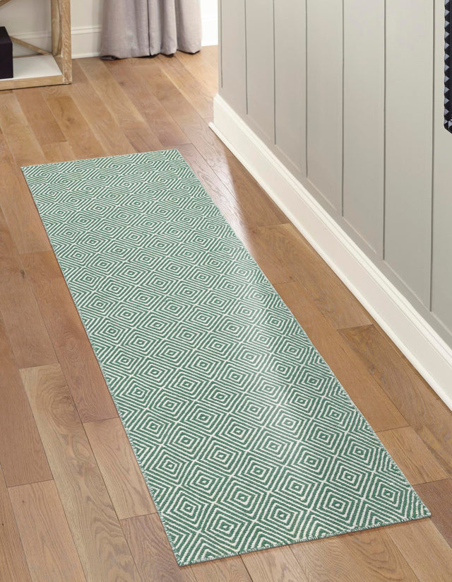 Green 2' 7 x 12' Geo Trellis Flatweave Runner Area Rug 80% Wool & 20% Cotton Natural Geometric Carpet for Living, Office, Dining, Dorms for Sale at Rug Engine