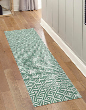Green 2' 7 x 14' 1 Geo Trellis Flatweave Runner Area Rug 80% Wool & 20% Cotton Natural Geometric Carpet for Living, Office, Dining, Dorms for Sale at Rug Engine