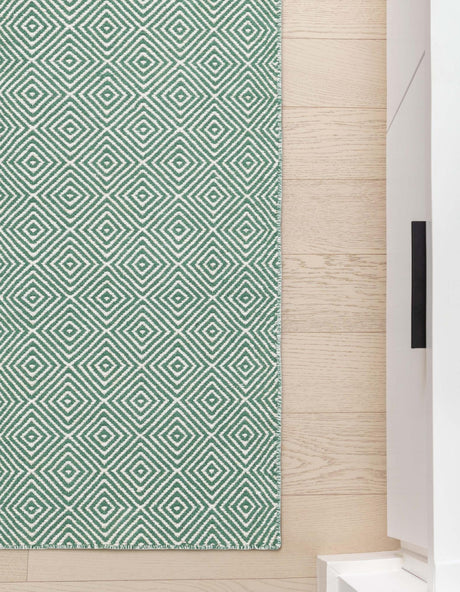 Green 2' x 8' Geo Trellis Flatweave Runner Area Rug 80% Wool & 20% Cotton Natural Geometric Carpet for Living, Office, Dining, Dorms for Sale at Rug Engine