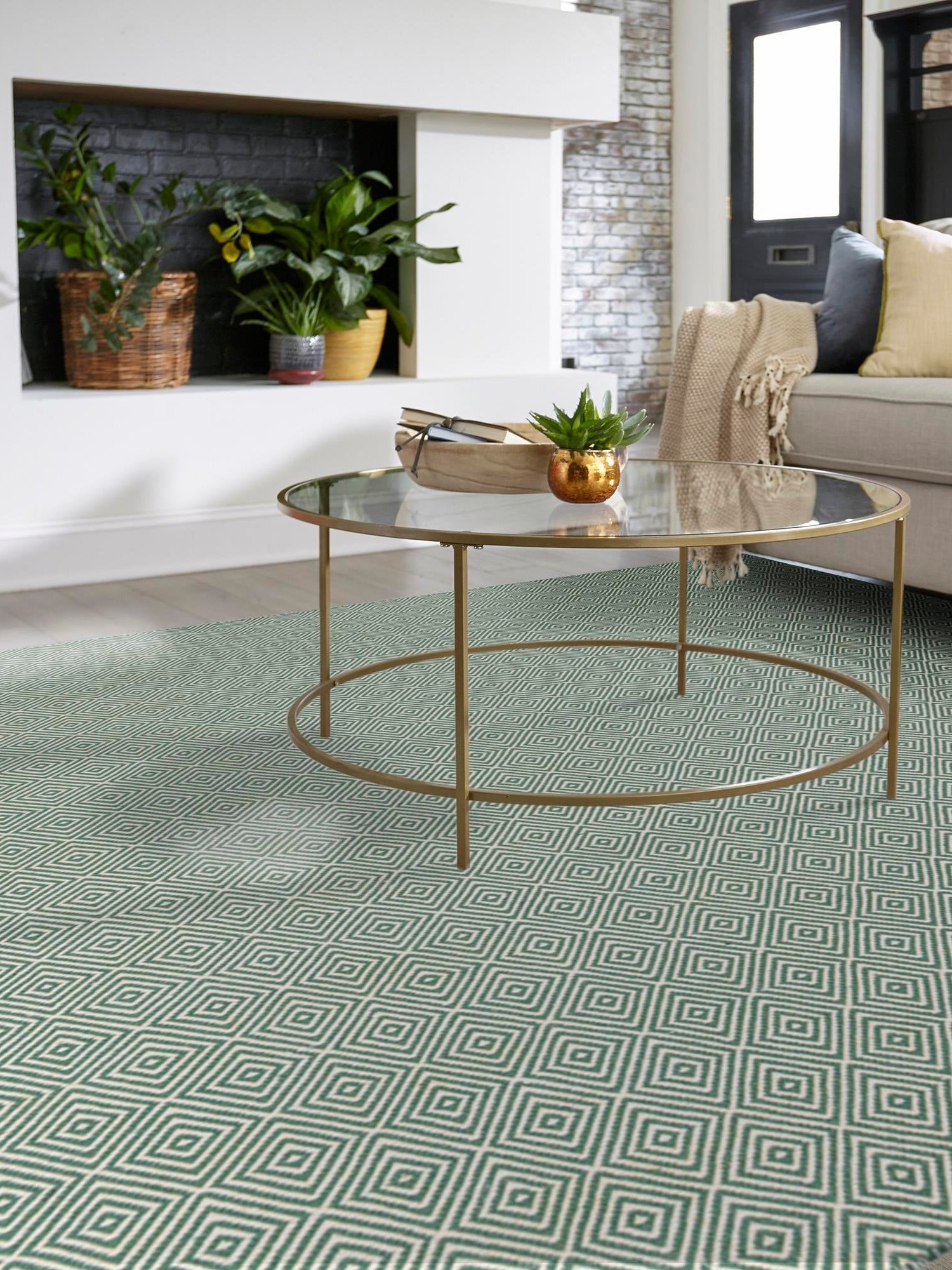 Green 10' x 10' Geo Trellis Flatweave Square Area Rug 80% Wool & 20% Cotton Natural Geometric Carpet for Living, Office, Dining, Dorms for Sale at Rug Engine
