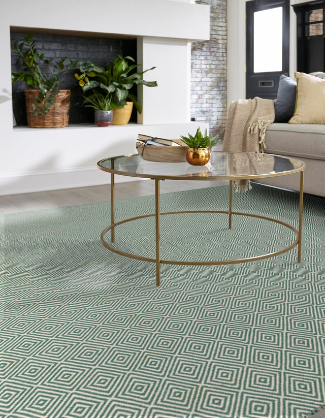 Green 10' x 10' Geo Trellis Flatweave Square Area Rug 80% Wool & 20% Cotton Natural Geometric Carpet for Living, Office, Dining, Dorms for Sale at Rug Engine