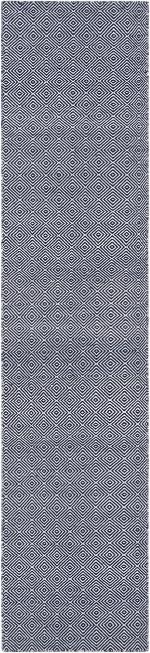 Navy Blue 2' 7 x 12' Geo Trellis Flatweave Runner Area Rug 80% Wool & 20% Cotton Natural Geometric Carpet for Living, Office, Dining, Dorms for Sale at Rug Engine