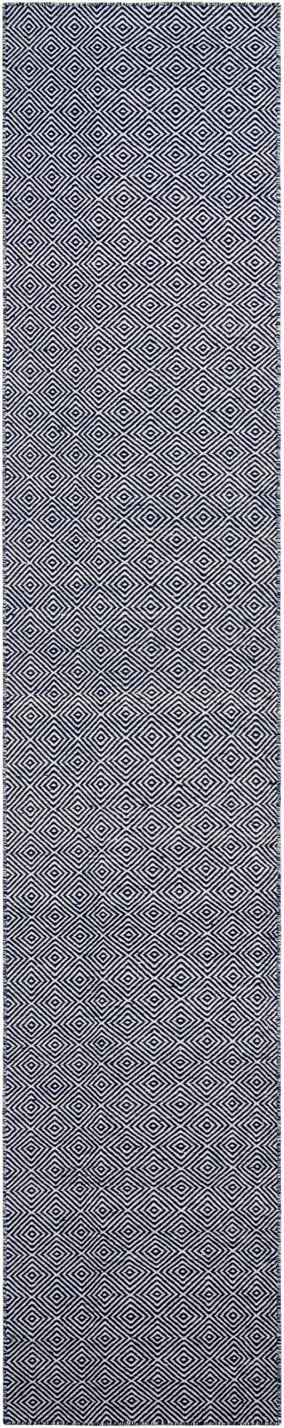 Navy Blue 2' 7 x 14' 1 Geo Trellis Flatweave Runner Area Rug 80% Wool & 20% Cotton Natural Geometric Carpet for Living, Office, Dining, Dorms for Sale at Rug Engine