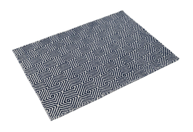 Navy Blue 2' x 3' 1 Geo Trellis Flatweave Rectangle Area Rug 80% Wool & 20% Cotton Natural Geometric Carpet for Living, Office, Dining, Dorms for Sale at Rug Engine