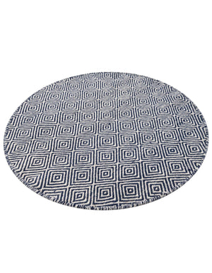Navy Blue 3' 1 x 3' 1 Geo Trellis Flatweave Round Area Rug 80% Wool & 20% Cotton Natural Geometric Carpet for Living, Office, Dining, Dorms for Sale at Rug Engine
