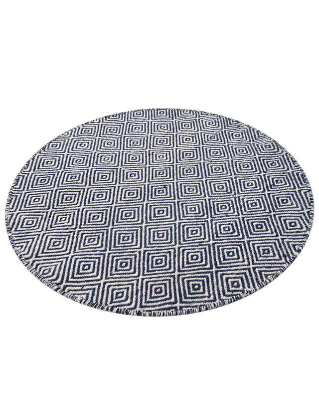 Navy Blue 3' 1 x 3' 1 Geo Trellis Flatweave Round Area Rug 80% Wool & 20% Cotton Natural Geometric Carpet for Living, Office, Dining, Dorms for Sale at Rug Engine