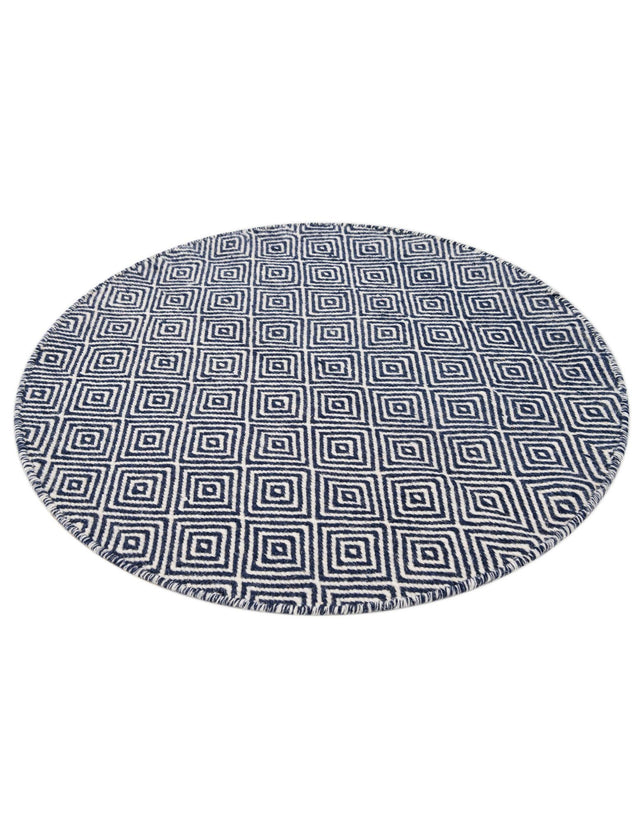 Navy Blue 3' 1 x 3' 1 Geo Trellis Flatweave Round Area Rug 80% Wool & 20% Cotton Natural Geometric Carpet for Living, Office, Dining, Dorms for Sale at Rug Engine