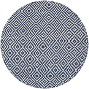Navy Blue 3' 1 x 3' 1 Geo Trellis Flatweave Round Area Rug 80% Wool & 20% Cotton Natural Geometric Carpet for Living, Office, Dining, Dorms for Sale at Rug Engine