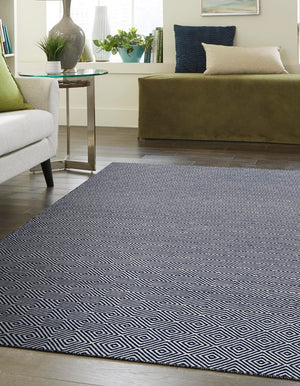 Navy Blue 6' 1 x 9' Geo Trellis Flatweave Rectangle Area Rug 80% Wool & 20% Cotton Natural Geometric Carpet for Living, Office, Dining, Dorms for Sale at Rug Engine