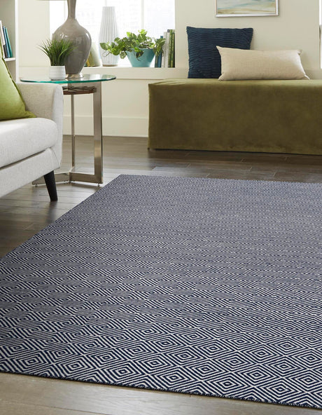 Navy Blue 6' 1 x 9' Geo Trellis Flatweave Rectangle Area Rug 80% Wool & 20% Cotton Natural Geometric Carpet for Living, Office, Dining, Dorms for Sale at Rug Engine
