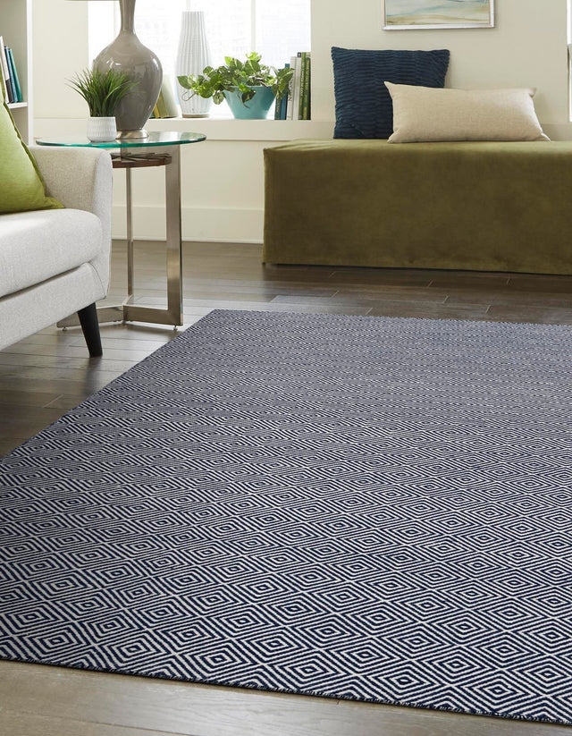 Navy Blue 6' 1 x 9' Geo Trellis Flatweave Rectangle Area Rug 80% Wool & 20% Cotton Natural Geometric Carpet for Living, Office, Dining, Dorms for Sale at Rug Engine