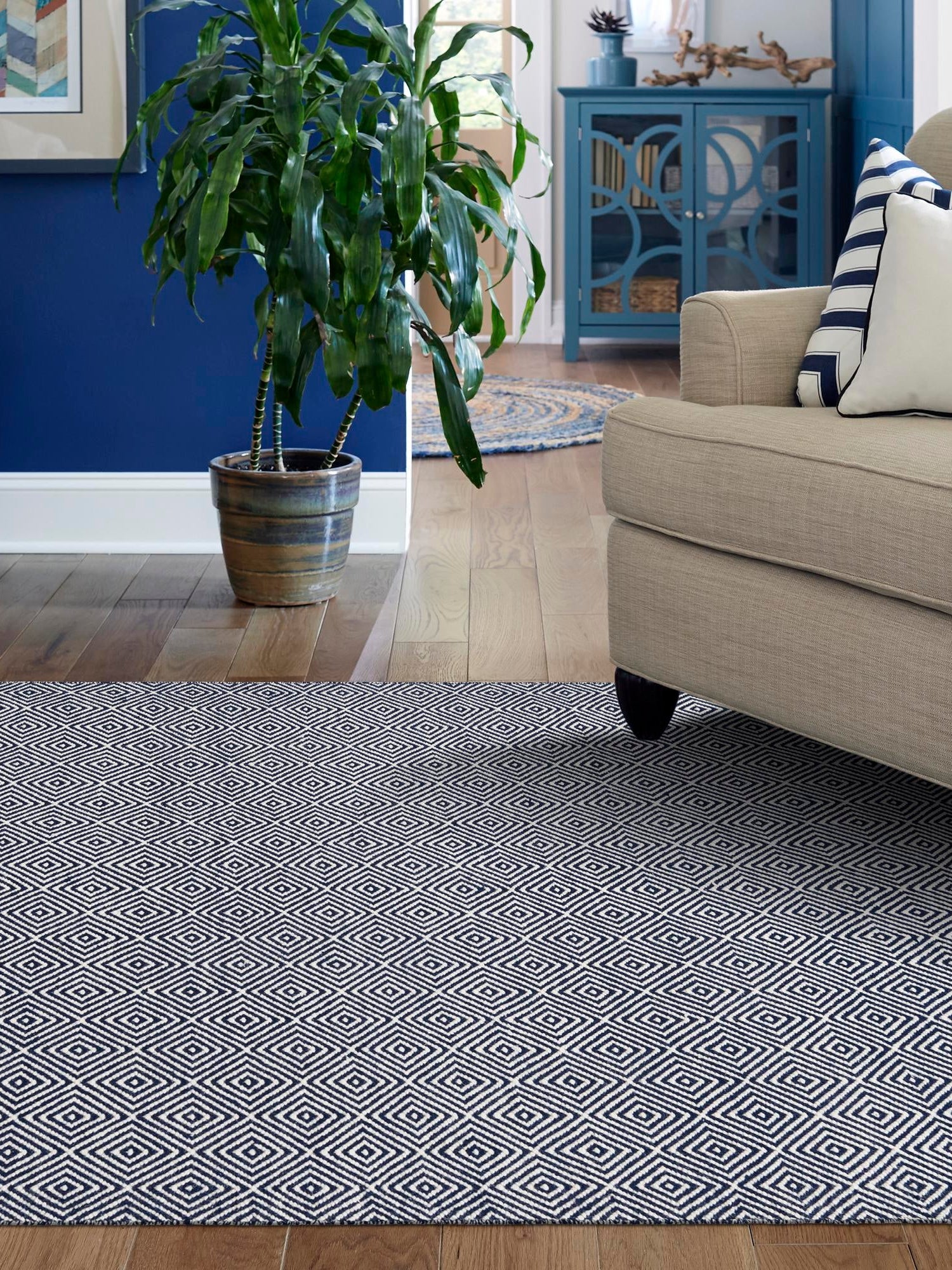 Navy Blue 6' 1 x 9' Geo Trellis Flatweave Rectangle Area Rug 80% Wool & 20% Cotton Natural Geometric Carpet for Living, Office, Dining, Dorms for Sale at Rug Engine