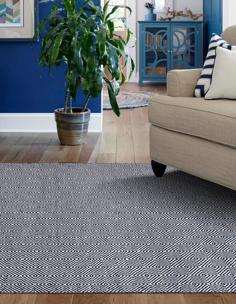 Navy Blue 6' 1 x 9' Geo Trellis Flatweave Rectangle Area Rug 80% Wool & 20% Cotton Natural Geometric Carpet for Living, Office, Dining, Dorms for Sale at Rug Engine